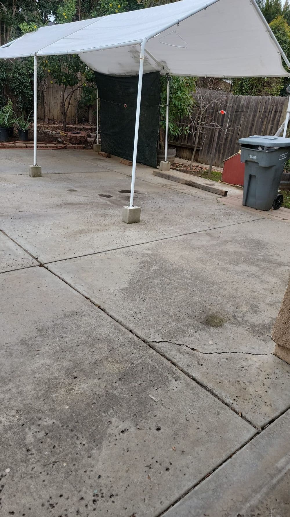 Canopy tent in a backyard over concrete with a green tarp and trash bin nearby.