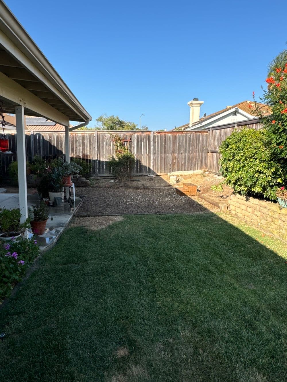 Lush green lawn and landscaped yard with fence, patio, and garden plants under clear blue sky.
