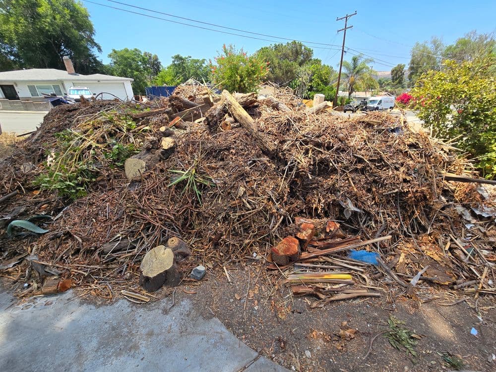 Large pile of organic debris and yard waste in a residential area under clear blue sky.